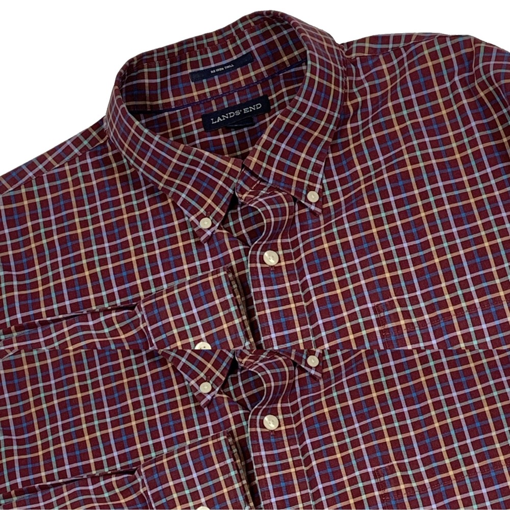 Lands End Mens XL Burgundy Plaid No Iron Twill Shirt Traditional Fit Long Sleeve